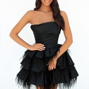 Tarik Ediz R2G Black Feather Mini Strapless Dress